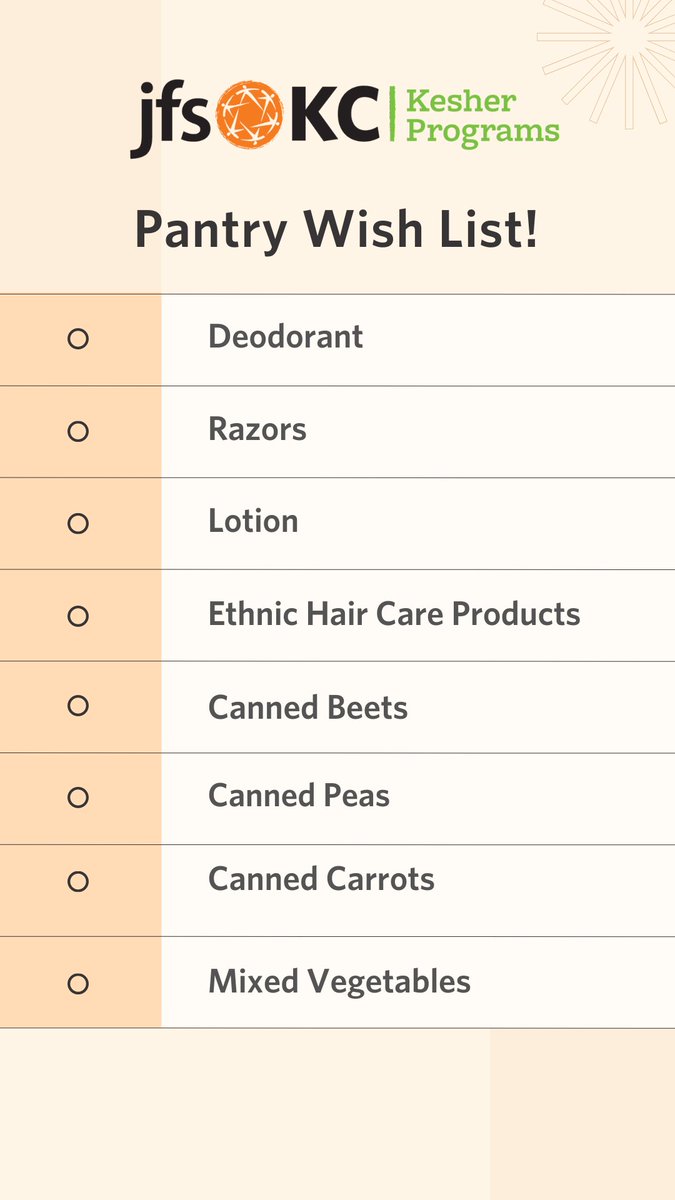 JFSKC's tweet photo. Our JFS Pantries need your help! We need several personal hygiene products: canned beets, carrots, peas, and mixed vegetables. Please drop off these items at either the JCC (tag them) or at our Brookside office! #jfskc https://t.co/DTyapkrcqC