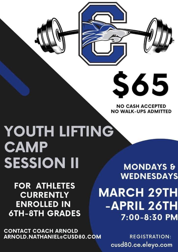 Our Youth Lifting Camp Session II starts March 29th 🏋️ There’s still time to sign up! Camp runs through April 26th (Mondays & Wednesdays). Grades 6-8th. Link below to register! 🐺💙 cusd80.ce.eleyo.com/course/2525/sc…