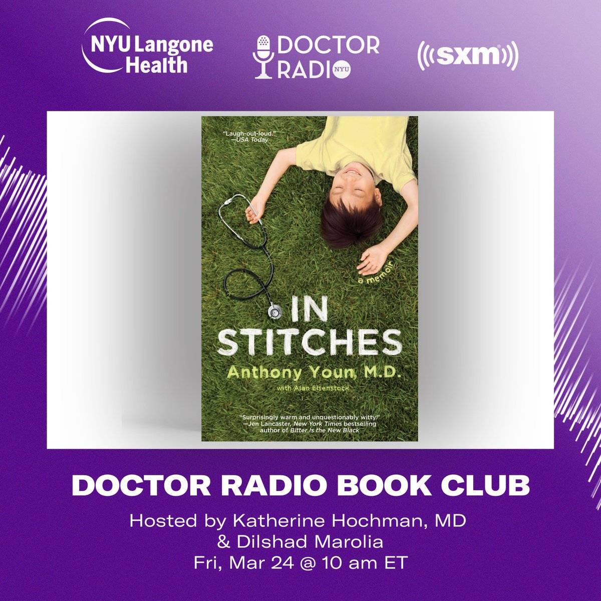 NYUDocs's tweet photo. 🎙️ Tune in Friday (3/24) at 10am East for Doctor Radio Book Club, as hosts @KHochmanMD & @dilshadmarolia
talk with @TonyYounMD about his book #InStitches, a memoir about being an #AsianAmerican kid growing up in the Midwest, who finds his calling to become a #doctor. https://t.co/ABDsrcQUSd