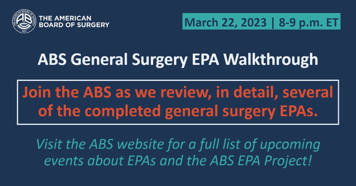 AmBdSurg's tweet image. TONIGHT! Join the #ABSEPAProject team as we walk through the general surgery #EPAs. Attendees will see what an EPA looks like in detail, &amp;amp; learn how faculty members/residents would use EPAs in an entrustment &amp;amp; feedback conversation.  

Register here: ow.ly/hOtb50Npqqj