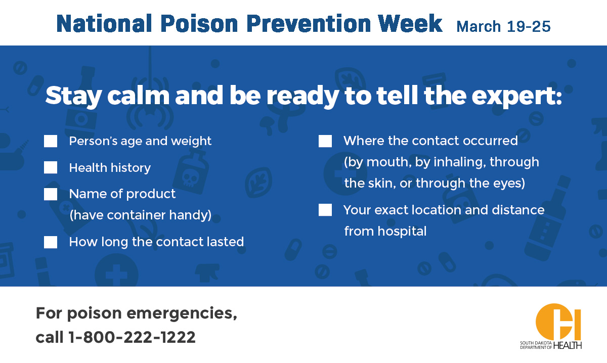 SDDOH's tweet photo. It’s National #PoisonPreventionWeek. The best thing you can do to prevent a #poison emergency is to prepare in advance. Add the #PoisonHelpLine number (1-800-222-1222), along with the checklist in the image, to your phone or emergency resources list: https://t.co/VZAvNNfkGo https://t.co/pJt61j8zNH
