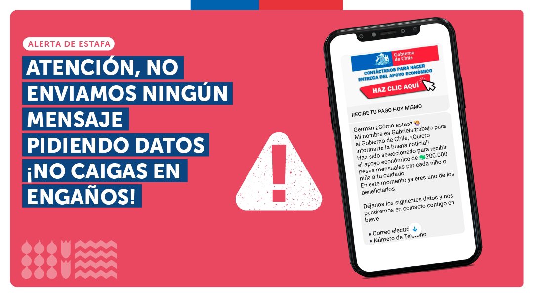 👉🏽 Como Gobierno nunca pediremos tus datos personales a través de mensajes con enlaces a tu celular para acceder a beneficios estatales. Al hacer click en estos links, tu información personal podría estar en peligro ⚠️

Cuídate y cuida a cercanos de mensajes o correos maliciosos
