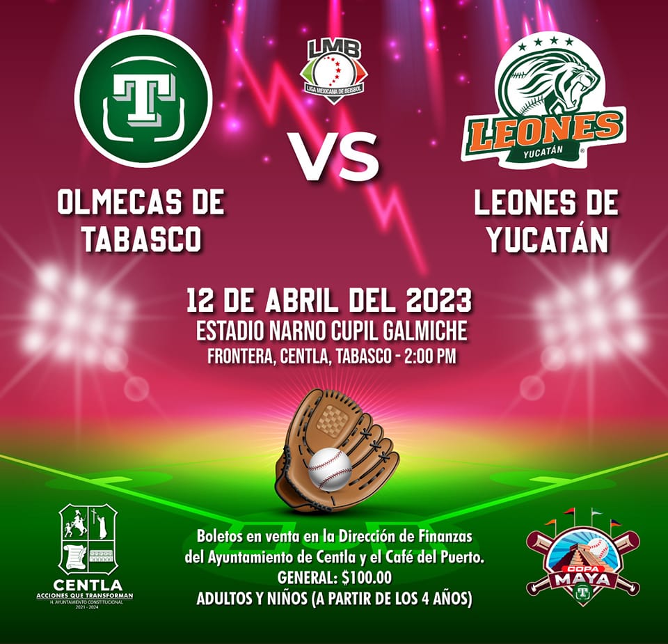 HCentla's tweet photo. Los campeones de la Liga Mexicana de Béisbol estarán en Centla este 12 de abril. @leonesdeyucatan  se medirán con los @OlmecasTabasco  en el estadio Narno Cupil Galmiche.
Ven con tú familia y disfruta de un encuentro que sin duda dejará buen sabor de boca. https://t.co/TqKgPUrMVG