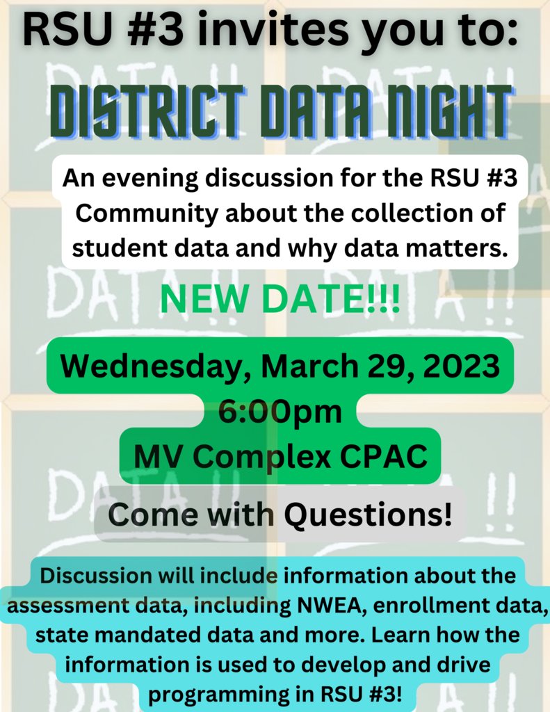 Rsu3Super's tweet photo. https://t.co/ILYthM75EX
Good afternoon...the Data Information Night scheduled for this evening has been postponed to Wednesday, March 29th at 6pm at MV Complex. Sorry for any inconvenience. https://t.co/MzTygqJV4G