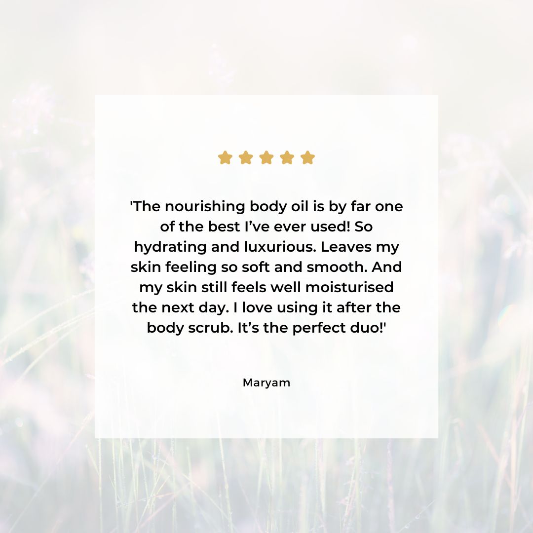 Packed with Omega oils the nourishing body oil leaves your skin feeling deeply nourished, soft and smooth.

Pair with our luxury body polish to get the best results.