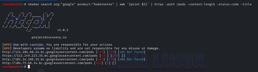 NinadMishra5's tweet image. Easy way to find Kubernetes:-
port:"10250"
install
@shodanhq
install httpx
@pdiscoveryio
Change the org to your target and run:-
shodan search org:"google" product:"Kubernetes" | awk '{print $3}' | httpx -path /pods -content-length -status-code -title
credit:@Alra3ees