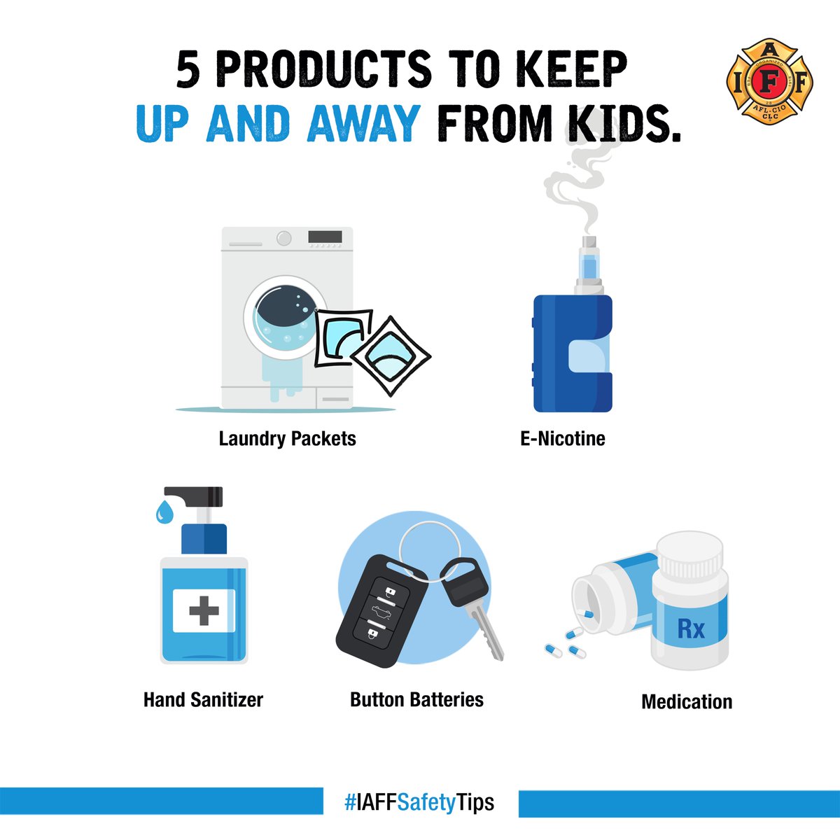 Children have a way of getting into everything and these items can be particularly dangerous: hand sanitizers, button batteries, laundry detergent packets, e-cigarettes and medications. For #NationalPoisonPreventionWeek we encourage you to keep your children safe. #IAFFSafetyTips