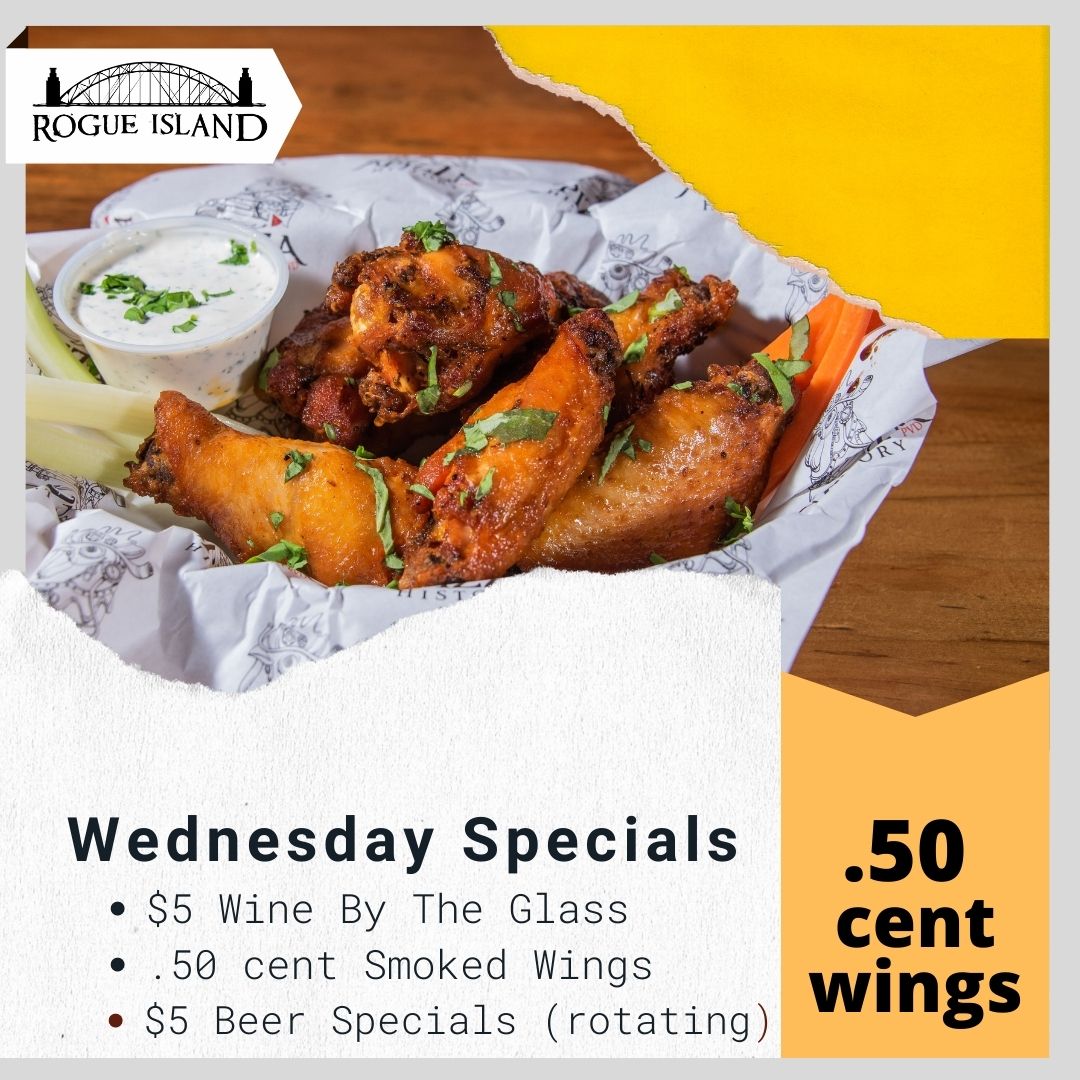 RogueIsland401's tweet photo. Suggested pairing: wine with everything! Join us every Wednesday night for $5 Wine (by the glass) &amp; $5 Craft Beer Pints &amp; .50 Cent Wings. For reservations please visit our website https://t.co/vo7VFcj3d9