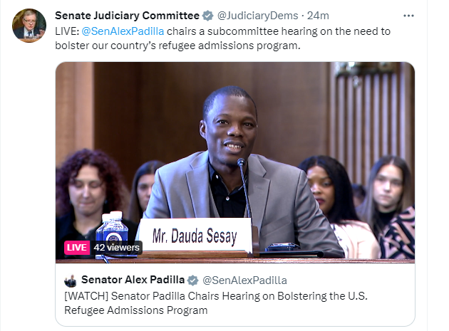 olyamorkova's tweet photo. Powerful testimony by @dsesay11 at Senate Judiciary Subcommittee hearing on Bolstering the U.S. Refugee Admissions Program. @AfricansUS @JudiciaryDems  #RefugeesWelcome https://t.co/6HcwHSZq1z