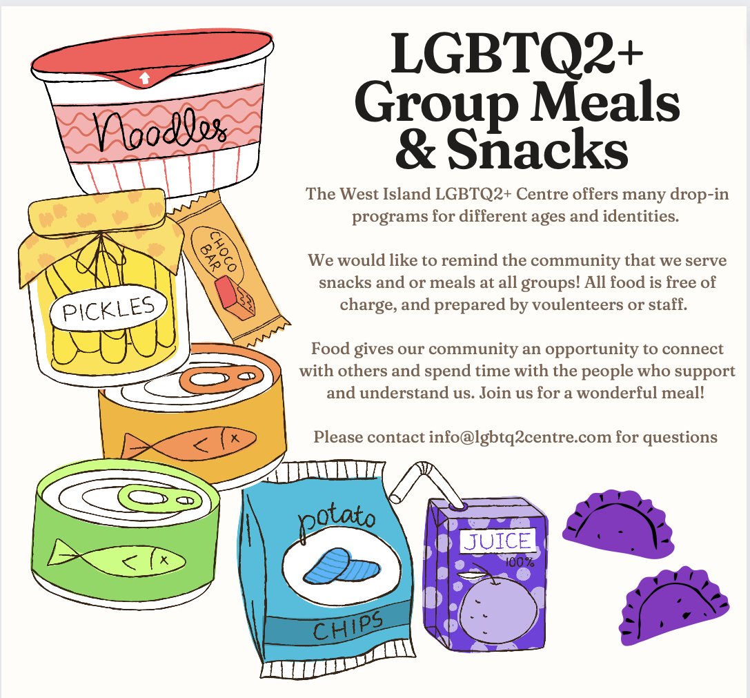 Did you know that we have snacks or meals at all of our programs? Our Youth Drop-Ins &amp; the Adult &amp; Senior Dinners have dinner at 6PM. Our Trans Support group has lunch at 2PM. The Young Adult Social &amp; Parent Support Group programs have snacks and drinks available during drop-ins.