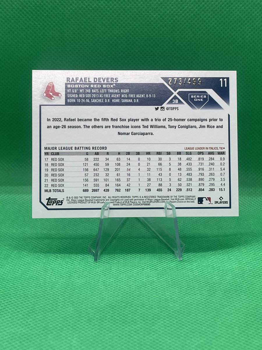JacoryCrypto's tweet image. #cardoftheday 

2023 Topps Series 1 Rafael Devers Green Foil #11 Sn 273/499 Boston Red Sox

#topps2023 #toppsseries1 #toppsseries12023 #thehobby #whodoyoucollect #redsox #boston @boomerjr_nft @RedSox @Topps