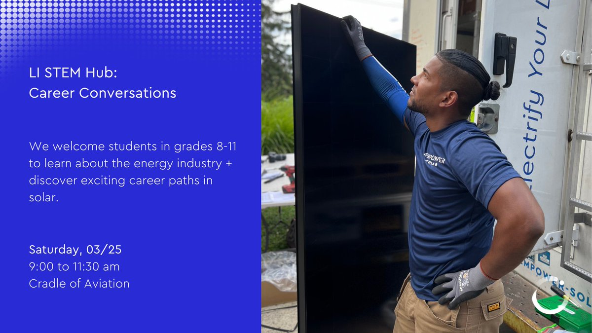 EmPowerSolar's tweet photo. Students grades 8-11: join us, @BrookhavenLab, @stonybrooku, and Farmingdale State College this Saturday at the @CradleAviation to discover what a future career in energy could look like for YOU! Register today https://t.co/hxW7Pj9h2I #STEMHub #STEMcareers #SolarJobs https://t.co/3nvOEZJ1TF