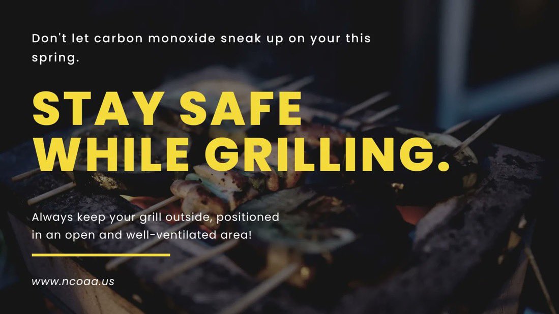 While grilling can be a fun and delicious way to enjoy the warm weather, it's important to remember that carbon monoxide can be a serious danger when using gas or charcoal grills.

#GrillingSafety #CarbonMonoxideAwareness #StaySafe #NCOAA #PoisonPrevention #COSafety