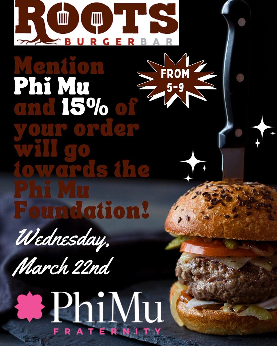 Join us TONIGHT from 5-9 for Dine-to-Donate at Roots Burger Bar!🍔

Mention Phi Mu and 15% of your purchase will go towards the Phi Mu Foundation! We can’t wait to see everyone there!