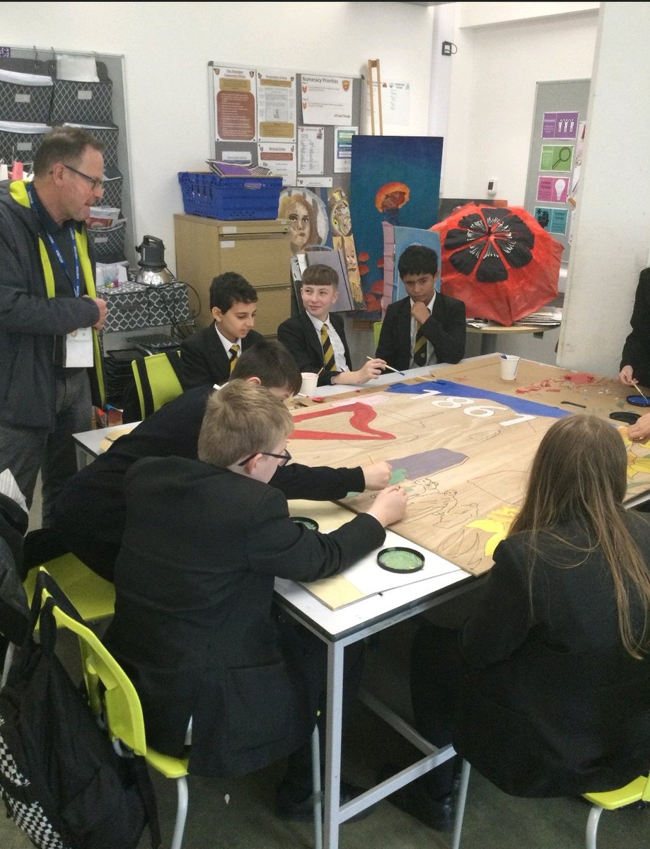 acs_art's tweet photo. Today 8G1 had the pleasure of inviting Terry Davies from @AlunGriffiths_  Griffiths construction into their lesson. Here they can be seen working together on their designs for the hoardings for the rail works taking place at Aberdare train station. https://t.co/PF4B7uWiSD