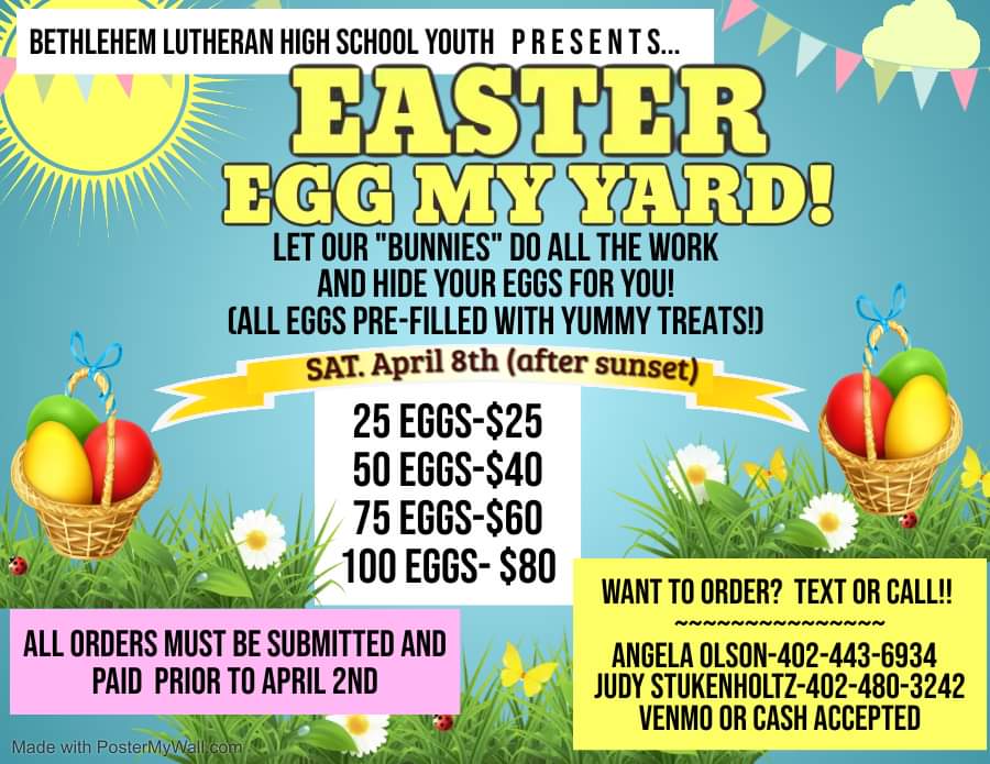 Angelaolson95's tweet photo. Are you ready for Easter? Let the Bethlehem Lutheran Youth be your Bunnies!  We are accepting orders for the deliveries in Wahoo! Here is a google form:  https://t.co/umVgc2yYOA https://t.co/xffSahR39T