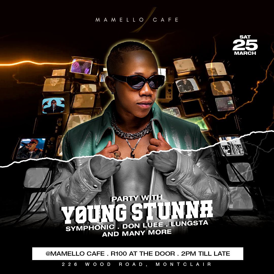 OLA!! 🛎
Catch <a href="/youngstunna/">youngstunna</a> Live this Saturday @mamello_cafe (Montclair) ✨

Supported by 
<a href="/symphonicsabelo/">symphonicsabelo</a>
<a href="/donluee/">uMfoka Shandu</a> 
<a href="/lungsta/">Lungile Diba Lungsta</a> 
+ More Acts!! 

Doors open at 2pm till late 
R100 at the Door 🎟

#PartyWithYoungStunna 🍾🍾