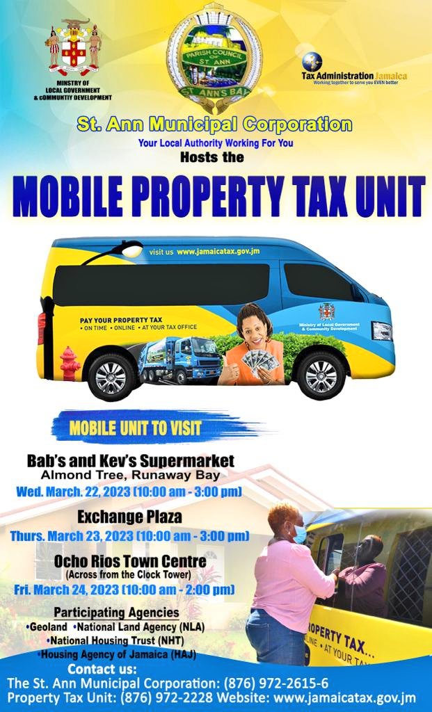 JamaicaTax's tweet photo. We're ROLLING!! St. Ann, we're in your area with #PropTaxMOBILE bringing you convenience that makes sense. Cash or card, we got you. Pay your Property Tax the easy way ๐ @LocalGovJa @MOFJamaica @NLAJamaica @RetirementJA @LisaHannamp @MarshaSmithJM @zaviamayne @KrystalLeeCares https://t.co/5UwR8RyEld