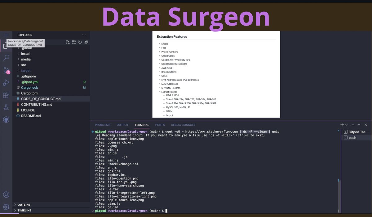 cyb_detective's tweet image. DATA SURGEON
A tool for extracting various sensitive data from text files and web pages. For example:
- emails
- phone numbers
- API keys
- URLs
- MAC addresses
- Hashes
- Bitcoin wallets
and more.
#rust #osint