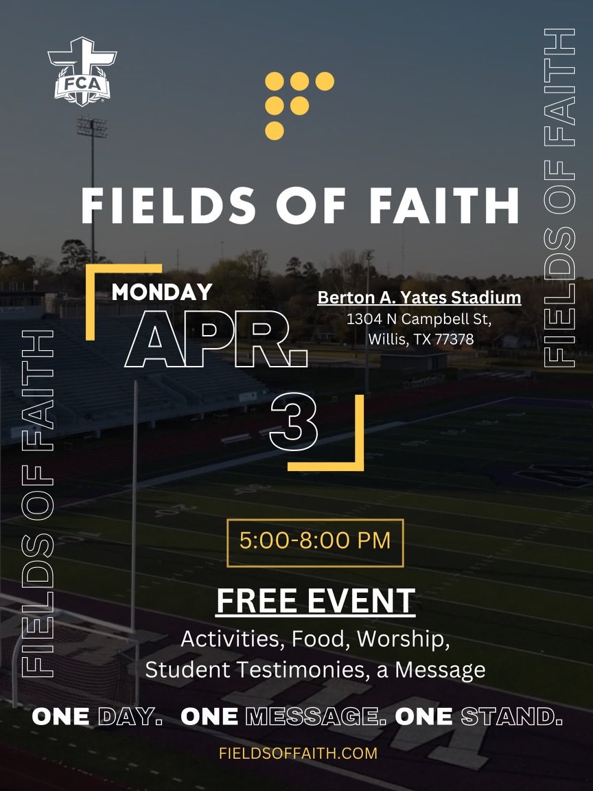 April 3rd… 
Save the Date… #FOFWillis23
⁦<a href="/WISDLagway/">Lagway Elementary</a>⁩ ⁦<a href="/WillisSchools/">Willis ISD</a>⁩ ⁦<a href="/Willis_HS_TX/">Willis High School</a>⁩ ⁦<a href="/WHS_SportsMed17/">Willis HS Sports Med</a>⁩ ⁦<a href="/WillisHoops/">WillisHoops</a>⁩ ⁦<a href="/WildkatFootball/">Willis Wildkat Football Booster Club</a>⁩ ⁦<a href="/WillisisdF/">WillisISD Education Foundation</a>⁩ ⁦<a href="/WHS_SportsMed17/">Willis HS Sports Med</a>⁩ ⁦<a href="/SoccerWildkat/">Wildkat Soccer</a>⁩ ⁦<a href="/WildKatBSB/">WildKat Baseball</a>⁩ ⁦