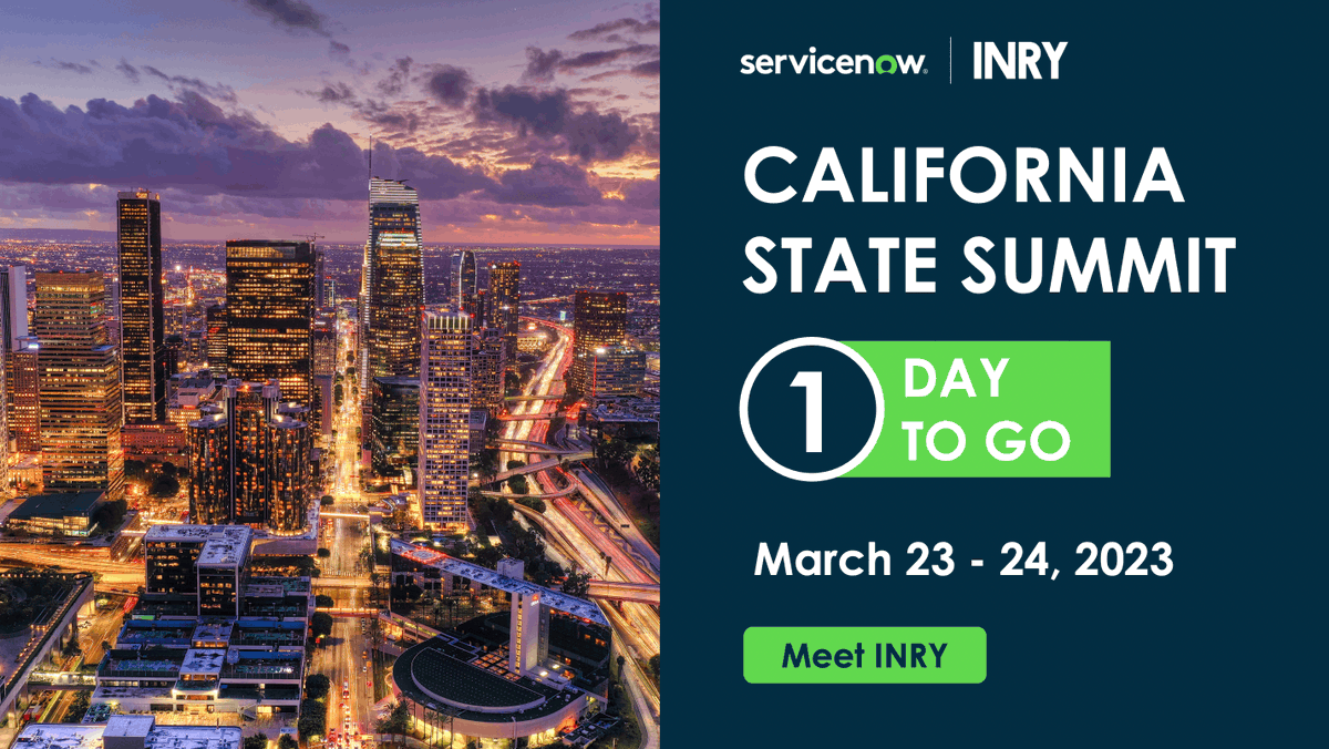INRY_US's tweet photo. 1 Day to Go!

Join INRY as we sponsor the CA State Summit on 23 March at the Hyatt Regency.

Register here:
https://t.co/bTEpxGlRo2

#CAStateSummit #ServiceNowEvents #2023 #ServiceNowElitePartner https://t.co/NXsyyUTAPb