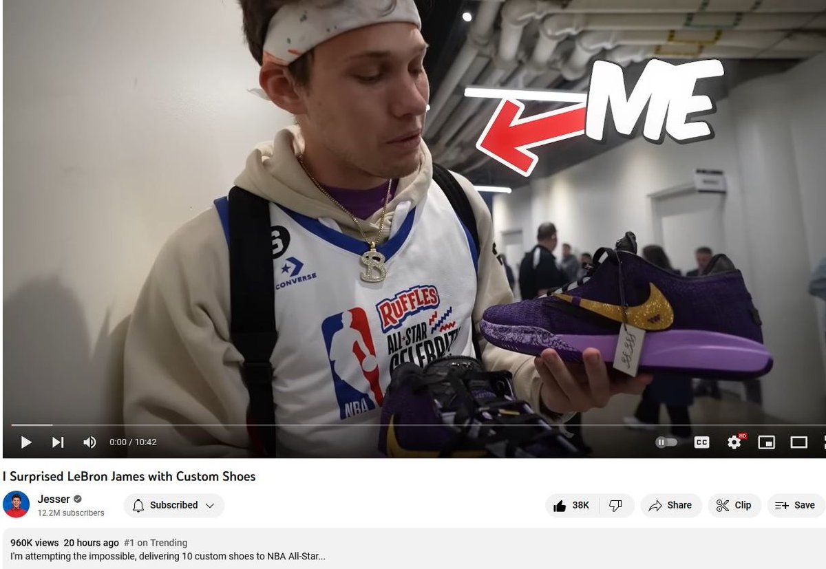 This weeks <a href="/Jesser/">💯 Jesser</a> video hit #1 on trending and was an incredible display of dedication and teamwork from the entire team! 

It's not every day you get to surprise <a href="/KingJames/">LeBron James</a> with some dope kicks.

youtube.com/watch?v=Uv8Cr-…