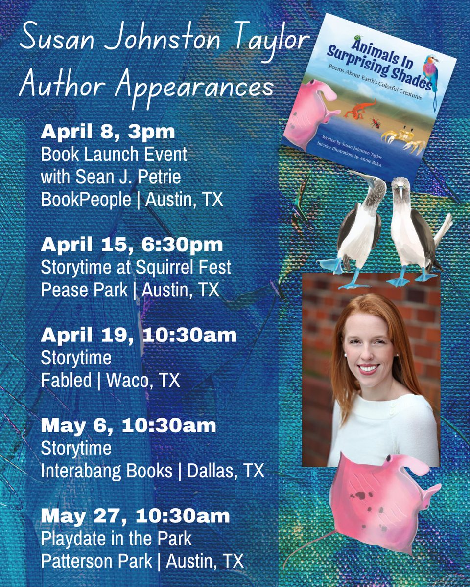 Can't wait for these author appearances in April & May celebrating ANIMALS IN SURPRISING SHADES! 🌏 Have you pre-ordered this #STEMbook yet? #ATX #STEMeducation #poetryforall #homeschool #childrensbooks #kidlit