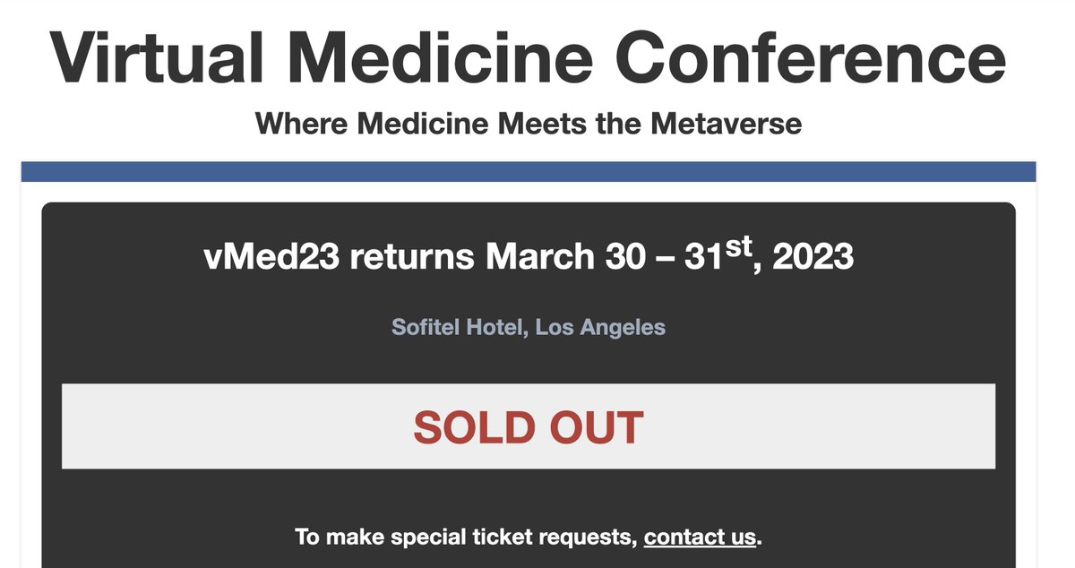 Our #CedarsSinai medical #XR conference is now sold out! Thanks to everyone from around the world who registered to discuss the future of medicine in the #Metaverse on Mar 30-31st. Really needed a ticket? Contact us directly for limited special requests: virtualmedicine.org/conferences/ab…