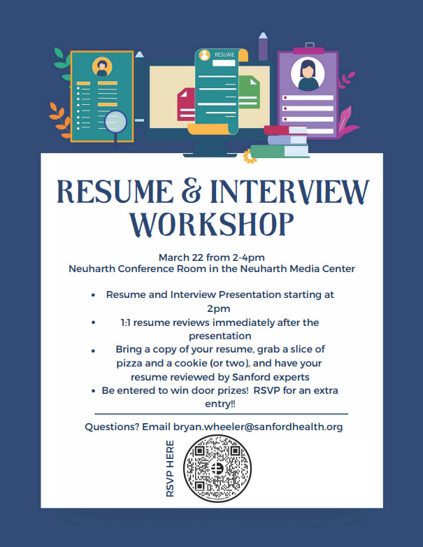 SodakMJ's tweet photo. Attention job seekers! π£ Join us for a Resume & Interview Workshop today from 2-4 p.m. in the Neuharth Conference Room in the Neuharth Media Center. Bring your resume & get expert advice from Sanford professionals. Plus, FREE π & πͺ Don't miss out on this opportunity! #USDMJ https://t.co/jD7Ia1NV0c