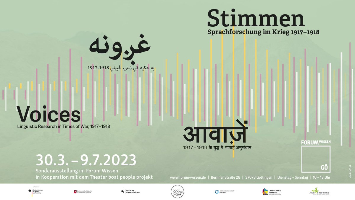 Unsere neue Sonderausstellung: 
„Stimmen. Sprachforschung im Krieg, 1917-18“ 
ist ab dem 30. März 2023 im #ForumWissen zu sehen. Vernissage ist am 29. März um 18.30 Uhr!

Ein Ausstellungs- und Theaterprojekt in Kooperation mit dem boat people projekt. 

forum-wissen.de/event/eroeffnu…