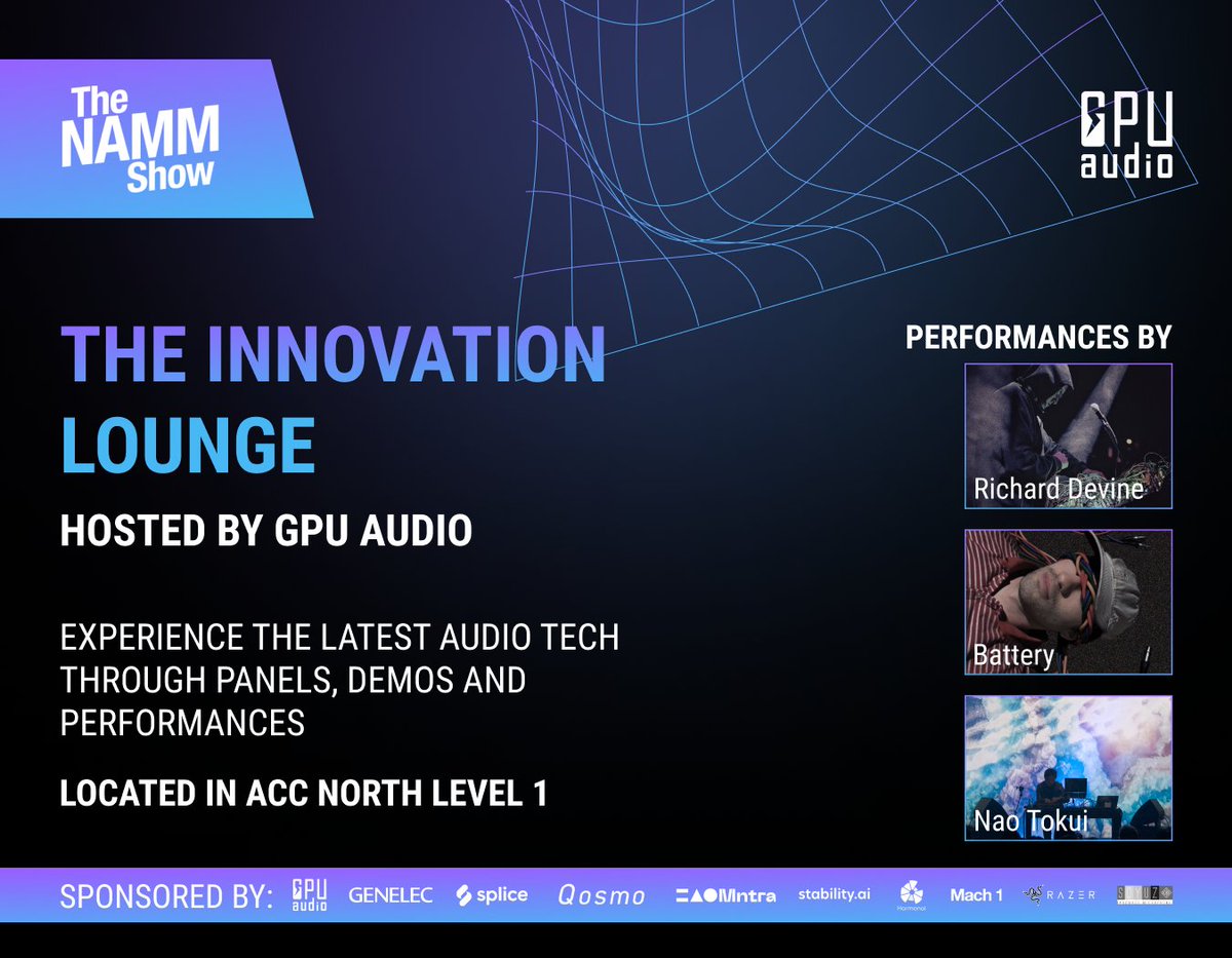 The NAMM Innovation Lounge is going to be firmly focused on the future of audio!
See panels and presentations - as well as performances by the legendary @RichardDevine , Battery, and @naotokui. 

Find out more here: gpu.audio/blog/32-namm-i…

#NAMMShow #NAMM23 #LiveMusic #AudioDev