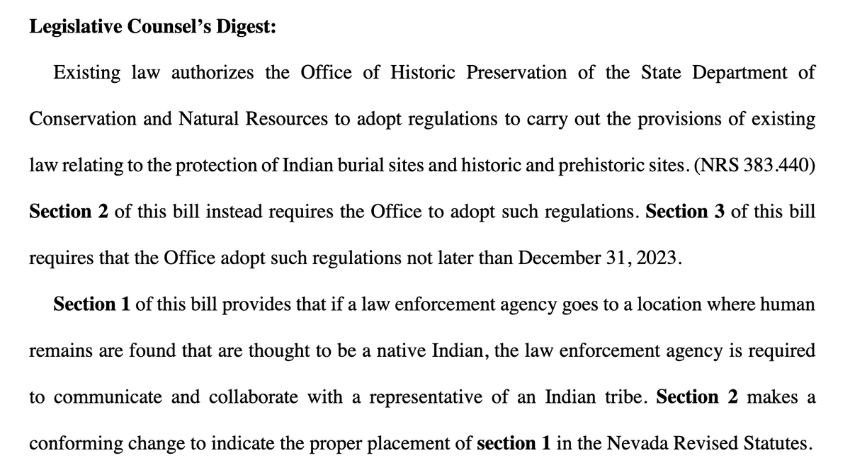 Also introduced is SB364, a bipartisan bill that would require state officials to adopt regs re: protecting Indian burial sites *and* require police to report finding remains that could be native Indian 

leg.state.nv.us/App/NELIS/REL/…

#nvleg