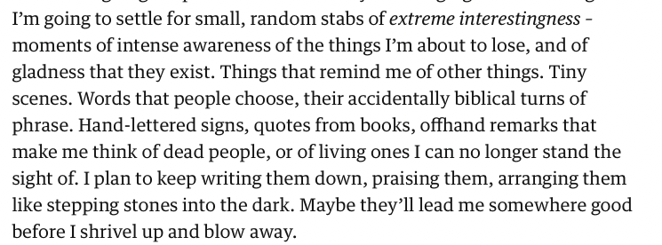Erica Berry (@ericajberry) on Twitter photo Have not stopped thinking about Helen Garner's short essay for <a href="/guardian/">The Guardian</a> on shaping a life around the pursuit of "extreme interestingness" rather then 'happiness,' whatever that is
theguardian.com/culture/2023/f… Have not stopped thinking about Helen Garner's short essay for <a href="/guardian/">The Guardian</a> on shaping a life around the pursuit of "extreme interestingness" rather then 'happiness,' whatever that is
theguardian.com/culture/2023/f…