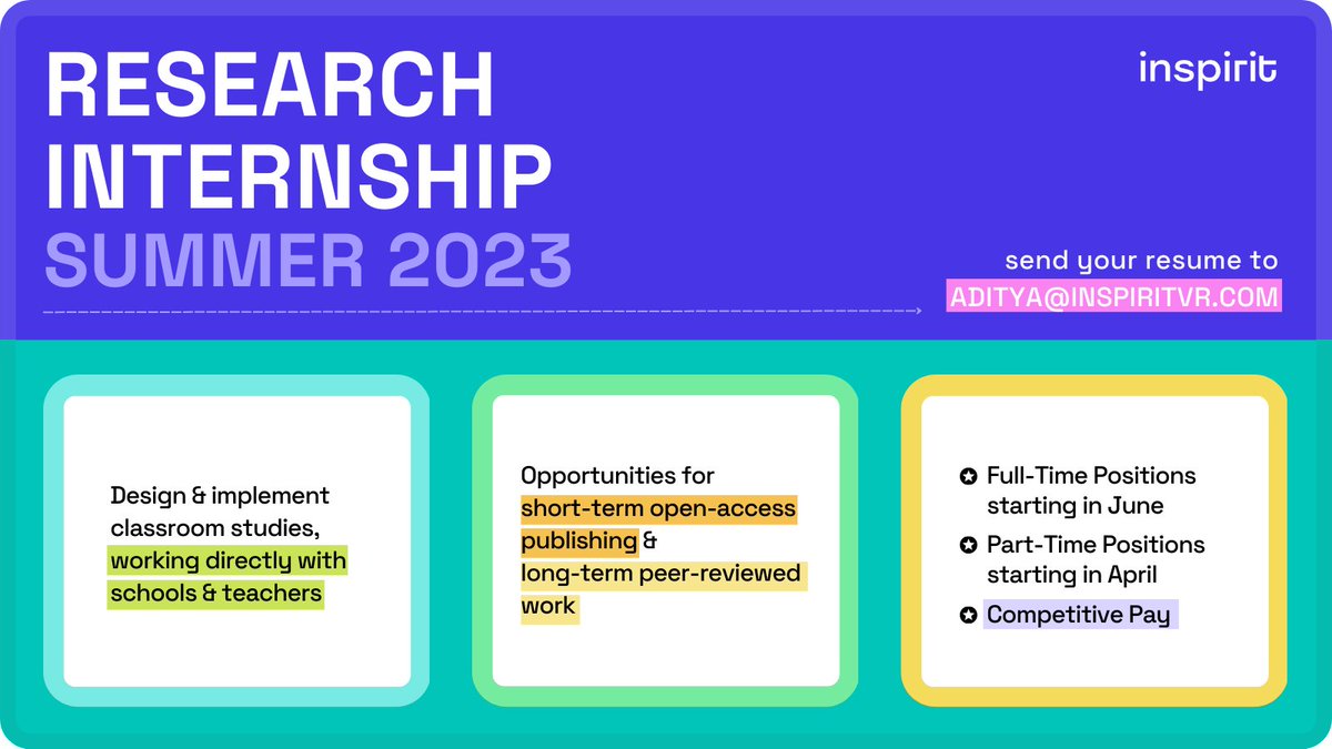 Looking for a research internship in edtech? Inspirit's hiring! Send your resume to aditya@inspiritvr.com to apply for summer 2023 (with part-time positions opening as early as April!) #researchinternship #inspirit #summer2023 <a href="/Adi_Vish/">aditya</a> <a href="/StanfordVR/">Stanford VR</a>