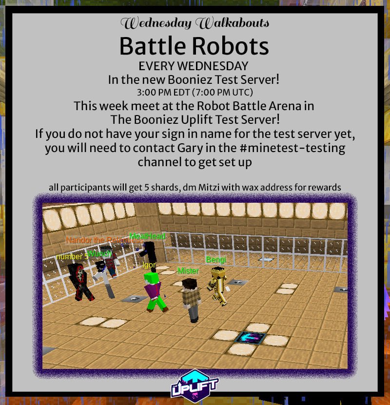 theupliftworld's tweet image. JOIN US! Come get a #BattleRobot of your own, level them up, and battle with other robots! 

🏆 Active players will be rewarded with up to 2 FREE #land #NFTs when we launch #TheBooniez 🔥 #UpliftWorld #DAO