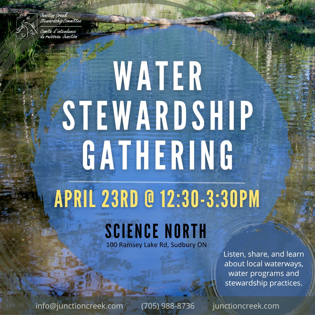 Happy #WorldWaterDay!💧Are you passionate about your local waterways, water conservation and stewardship practices?  

Join the JCSC at Science North on Sunday, April 23rd for a Water Stewardship Gathering! 

For more info, check out: bit.ly/3Z7p0aa
#waterwednesday