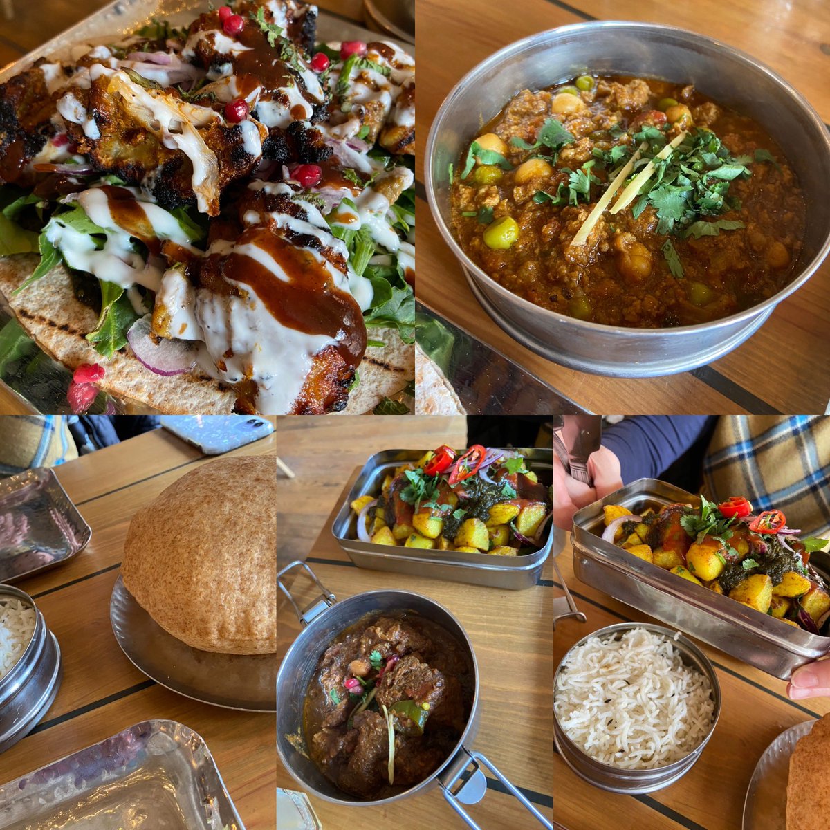 MikeAStevo's tweet photo. @Mowglistfood #Leicester lovely lunch today #monkeywrap #fenugreekfries #lambcurry #housekeema #basmatirice #puri attentive staff and enjoyed the experience https://t.co/r6lhjFgyKv