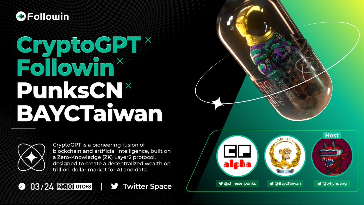 <a href="/cryptogpt_org/">CryptoGPT</a> AMA for Chinese Fam at <a href="/followin_io/">Followin</a> 

👏#CryptoGPT $GPT －pioneer fusion of #blockchains and #AI on #Layer2 

⏰Reminder
x.com/i/spaces/1Yqxo…

👥Cohost
<a href="/whyhuang/">Kenny H🛸 (🧩 $BARD) (168, Jclub).lens</a>
<a href="/chinese_punks/">Chinese Cryptopunks Community</a>
<a href="/BaycTaiwan/">Ape 101 TW Club</a>
  
📢 Language：Chinese &amp; English

🎁 #Giveaway 
alphabot.app/cryptogpt-x-fo…