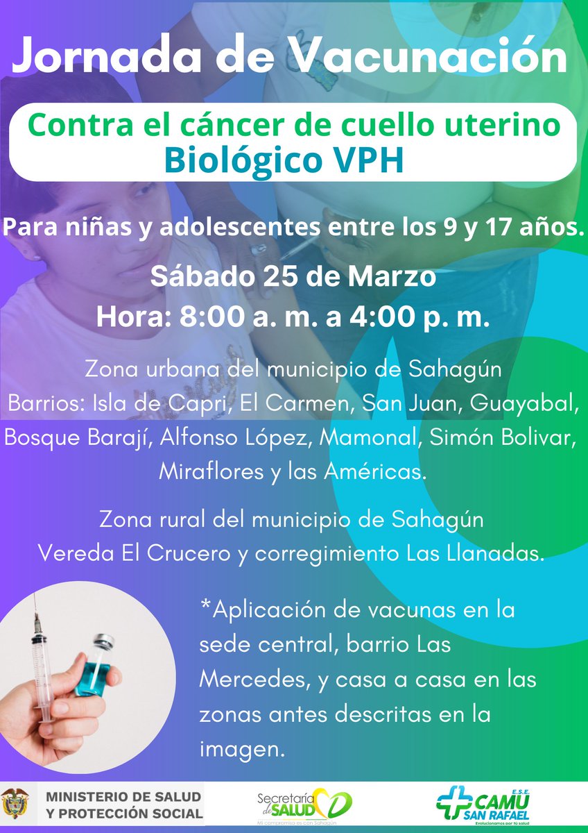 En Sahagún 💉 Jornada de Vacunación contra el cáncer de cuello uterino
Aplicación del Biológico (VPH)

La <a href="/CamuSanRafael/">ESE Camu San Rafael de Sahagún</a> en Sahagún, desarrollará la jornada de vacunación contra el cáncer de cuello uterino con el biológico (VPH). 👇 
facebook.com/10006367026832… <a href="/MinSaludCol/">MinSalud Colombia 🇨🇴</a>