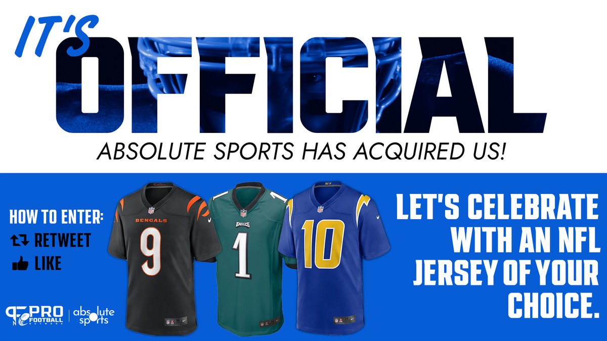 PFN365's tweet photo. We've been acquired by Absolute Sports! To celebrate, we're giving away an NFL jersey of your choice. 

Rules are simple -- retweet and follow us! The drawing will be held on March 28.

More details about the acquisition are in our news release: https://t.co/WEVOpOjNWi https://t.co/hCnrwvpmNJ