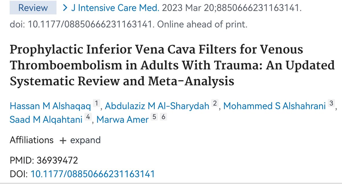 Would you place prophylactic IVC filters in all trauma patients at risk of VTE? Check out our updated systematic review and meta-analysis!

Thanks for the amazing authors and mentors. @HassanAlshaqaq @Msshahrani @saadalharaqi @Marwa_Ramer

#research @SAGEPublishers @SageClinMed