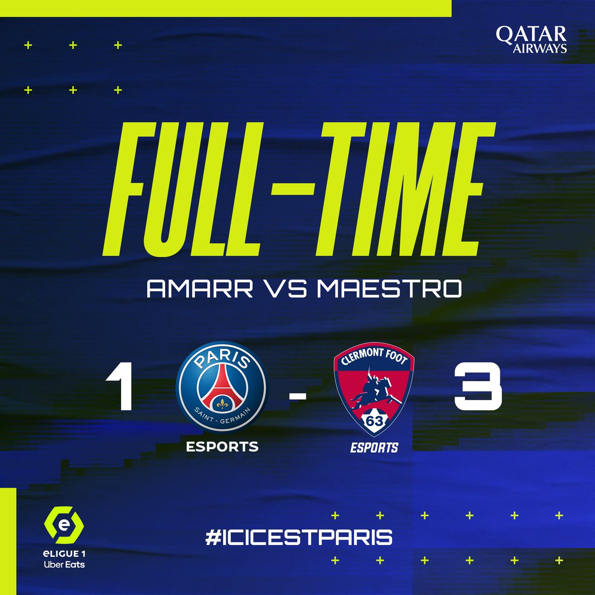 PSG Esports (@PSGeSports) on Twitter photo 2023-03-22 19:35:29 Défaite d'@Ama2zerr face à @Maestro99_ ! Score final : 1-3 Place donc au 3ème et dernier match de cette rencontre d'@eLigue1UberEats qui se jouera en 2vs2 😤 📲 twitch.tv/ligue1ubereats #ICICESTPARIS 🔴🔵 Défaite d'@Ama2zerr face à @Maestro99_ ! Score final : 1-3 Place donc au 3ème et dernier match de cette rencontre d'@eLigue1UberEats qui se jouera en 2vs2 😤 📲 twitch.tv/ligue1ubereats #ICICESTPARIS 🔴🔵