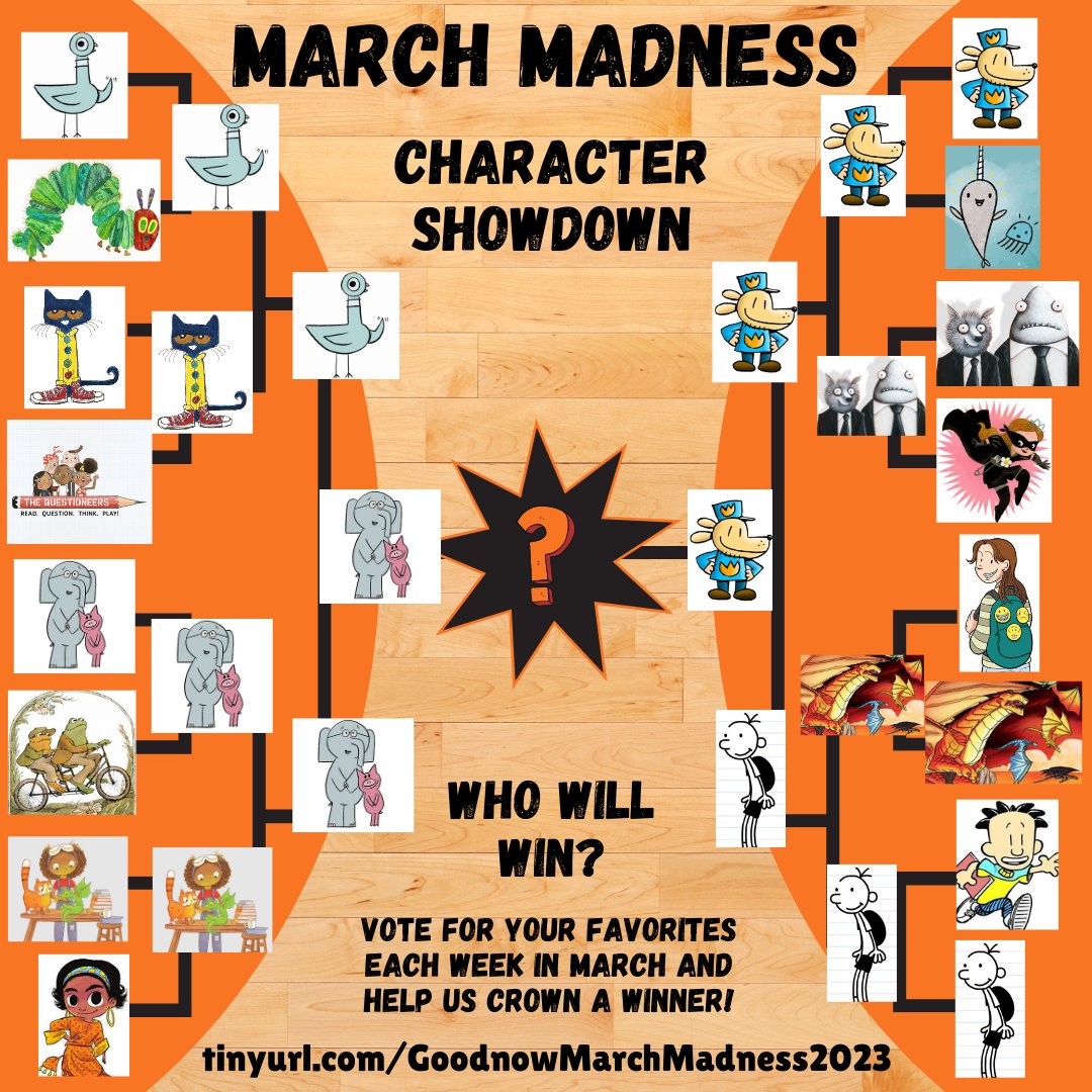 GoodnowLibrary's tweet image. The ultimate final match-up in our March Madness Favorite Character showdown! Elephant and Piggie vs. Dogman! Who will win?! Be sure to cast your vote in person at the library or here: tinyurl.com/GoodnowMarchMa… #MarchMadness #ElephantPiggie #Dogman