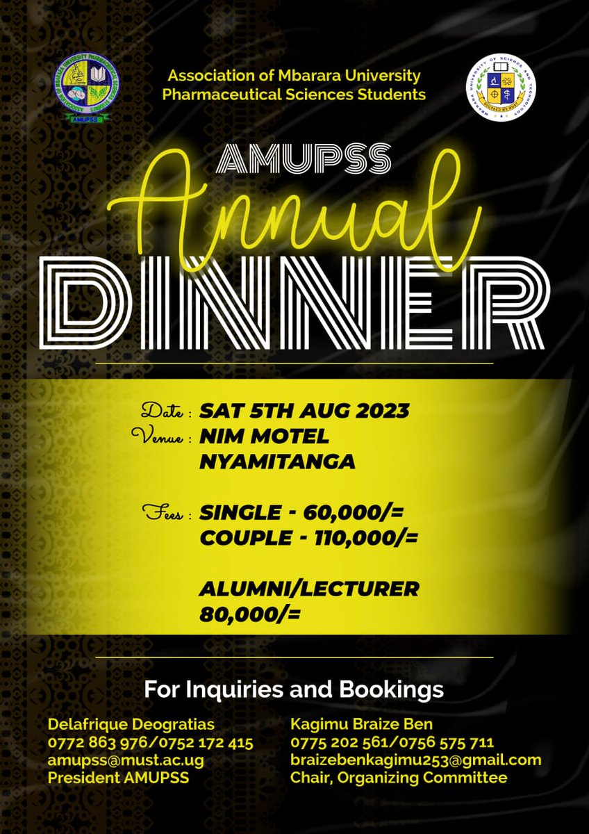 AMUPSS1's tweet photo. Marking 10 years of Pharmaceutical Science Excellence at MUST.
The Annual Pharmaceutical Scientists Dinner is organized under the theme:
“Ten years of Supporting Pharmaceutical Localization capacity through innovation”
Come one come all!
#05Aug2023
#phs@10
#phsdinner https://t.co/BgwgxUA2V2