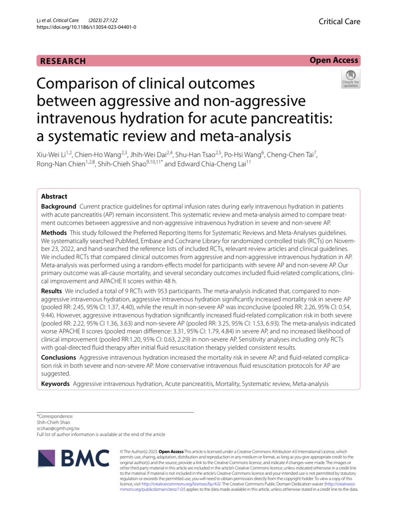 E X T R A ❗️en Pancreatitis Aguda 

La reanimación agresiva con Fluidos IV incrementa la Mortalidad 
💦💦💦☠️☠️☠️❌❌
y las complicaciones asociadas a sobrecarga de líquido (edema pulmonar, sx compartimental abdominal)

No chinguen más a los pacientes! ccforum.biomedcentral.com/articles/10.11…