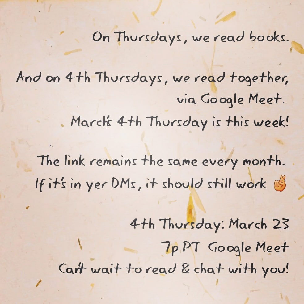 SBC_LBC's tweet photo. On Thursdays, we read books. And on 4th Thursdays, we read together, via Google Meet, at 7pm Pacific Time. We'll happily share the link via DM. #SilentBookClub #SocialReading #OnlineBookClub #inclusive #accessible #booktwt #BookTwitter #readers #books https://t.co/nhwCPA5ROv