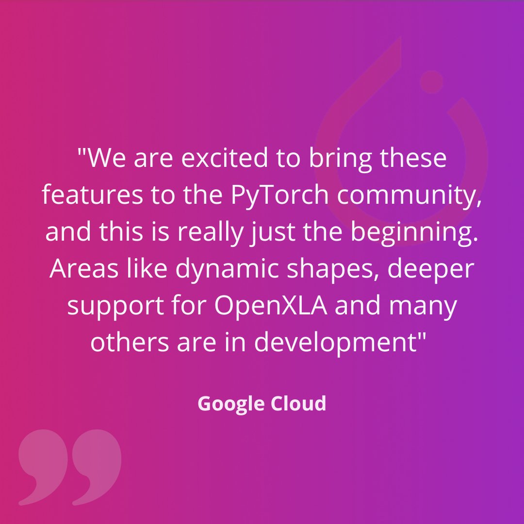 PyTorch's tweet photo. With the launch of 2.0, we’re happy to share the latest on PyTorch + XLA!

This version includes:
📊 Experimental support for TorchDynamo
💾 PJRT as the default runtime
🤗 Support for FSDP and GSPMD with integration in Hugging Face Transformers

https://t.co/US9ZU4Gu2d @GoogleOSS https://t.co/SOCyiVeoEA