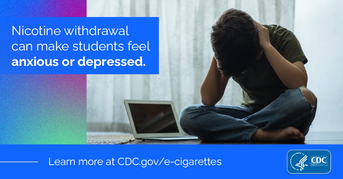 CDCTobaccoFree's tweet photo. Students might vape when anxious or depressed, creating a cycle of nicotine dependence and withdrawal. https://t.co/iah8Yzs2b7