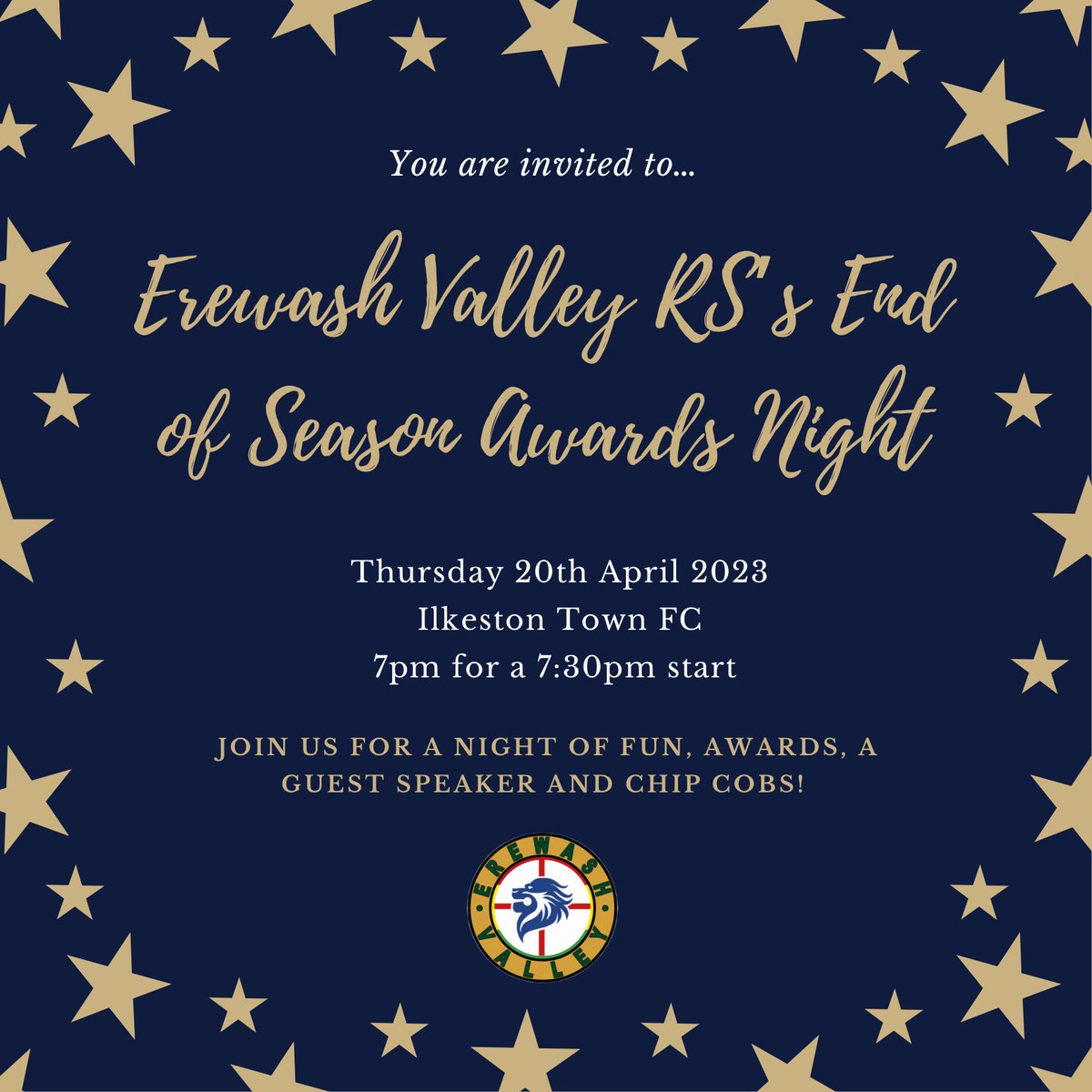 ErewashValleyRS's tweet photo. Save the date! Thursday 20th April, you are invited to our End of Season Awards Night.

Join us at Ilkeston town for a night of awards, a presentation from a special guest, and a chip butty.

Let’s end the year on a high and celebrate all our successes from this season together⚽️ https://t.co/vB2YMAzBCq