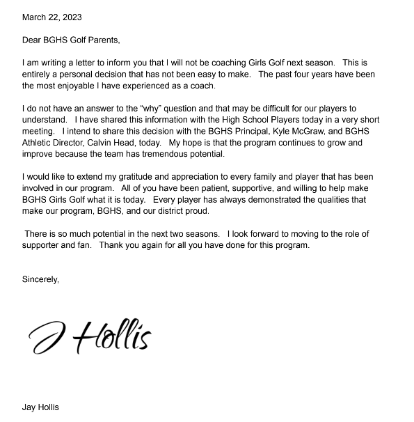 Coach Jay Hollis has shared with the team and players that he is not coaching next season. Attached is the letter to the parents from today.